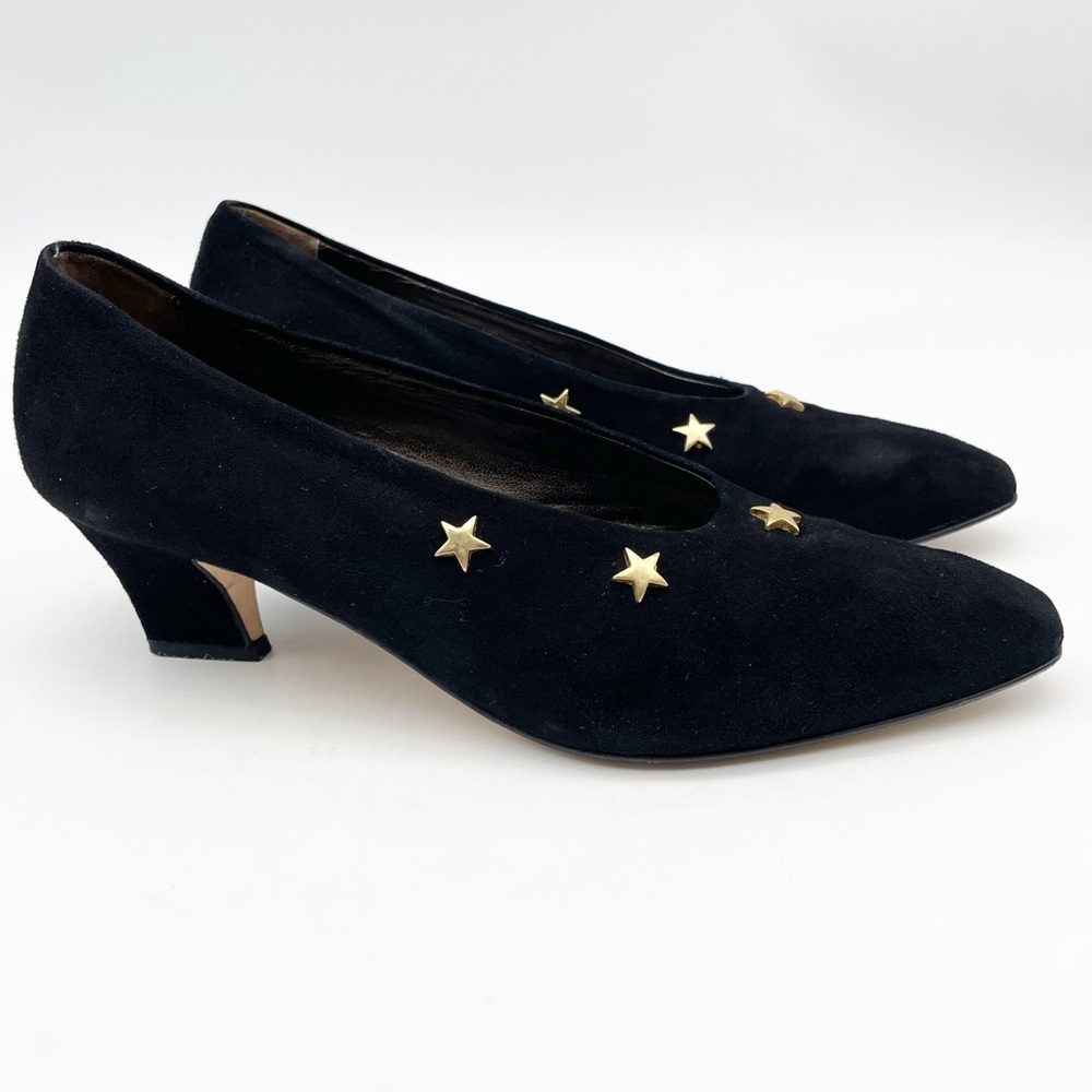 Saks Fifth Avenue Black Suede Pumps with Gold Star Detail